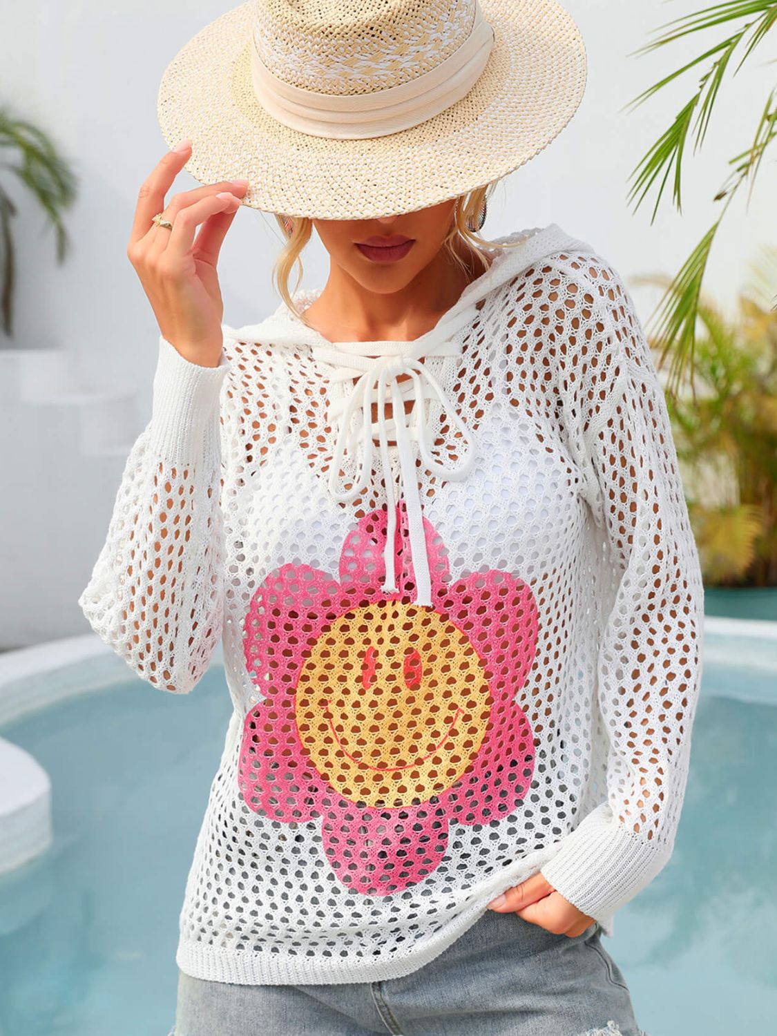Cover-Up Flower Graphic Lace-Up Openwork Hooded