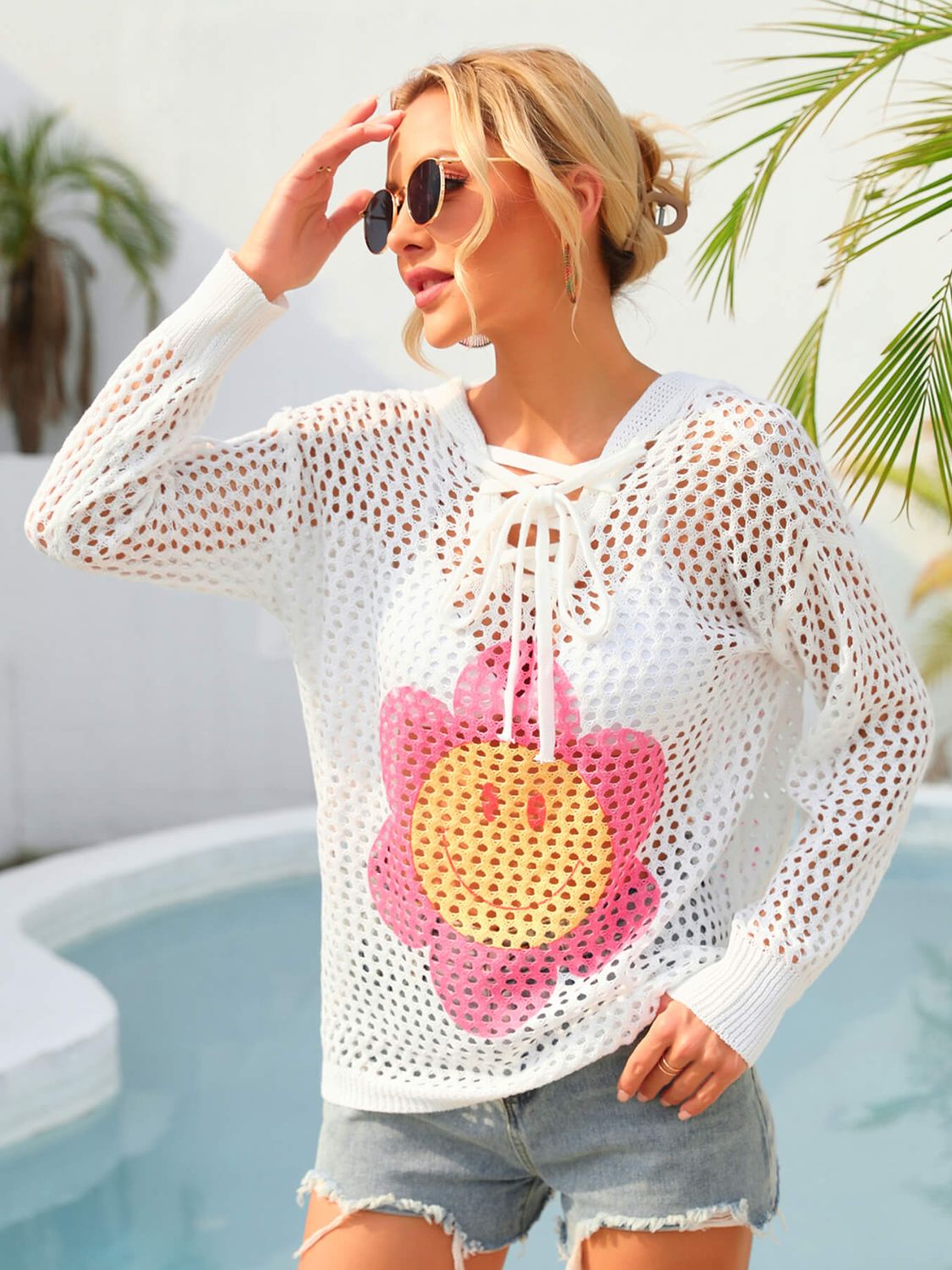 Cover-Up Flower Graphic Lace-Up Openwork Hooded