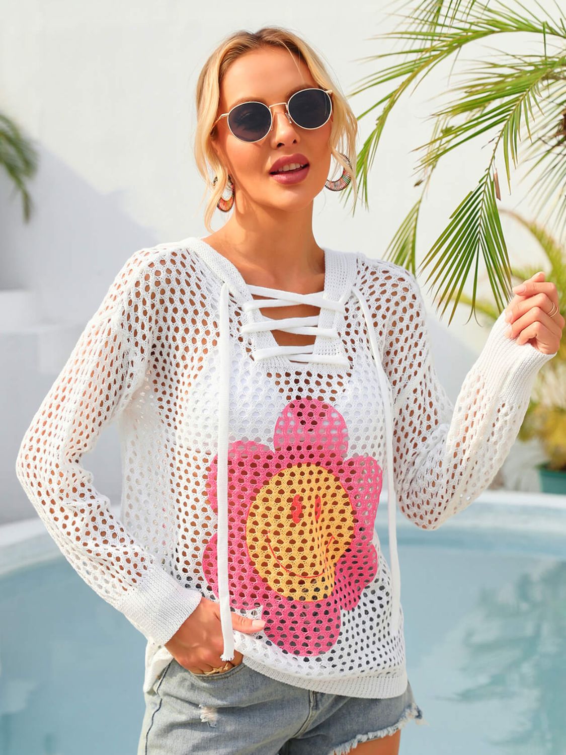 Cover-Up Flower Graphic Lace-Up Openwork Hooded