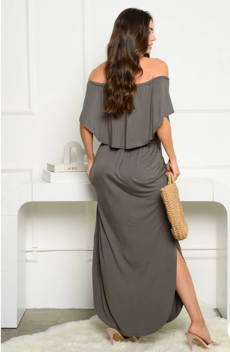 Off Shoulder Riffle Front Maxi Dress