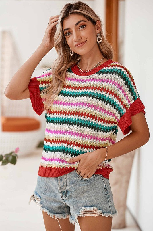 Red Pink Green stripe ruffle short sleeve knit top