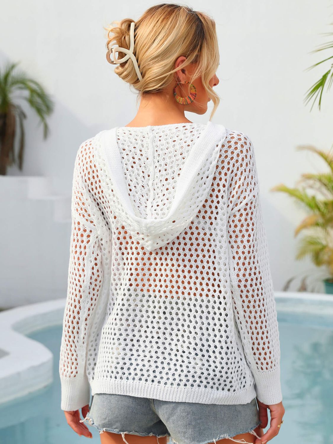 Cover-Up Flower Graphic Lace-Up Openwork Hooded